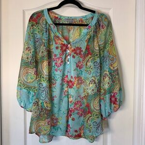 Figueroa & Flower Boho Paisley Blouse Turquoise Floral 3/4 Sleeve Size L